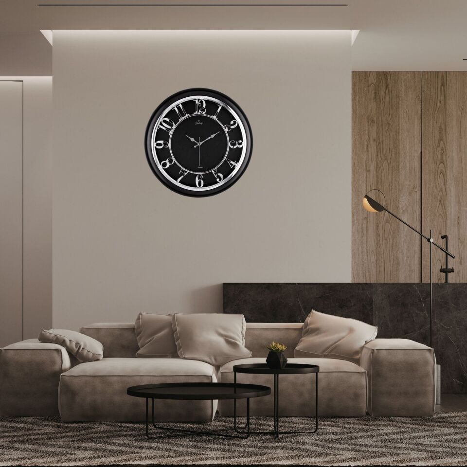 45 Cm Siyah Çerçeve Kabartma Gümüş Rakam Duvar Saati