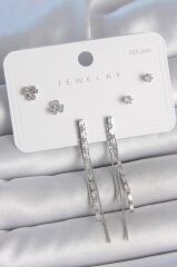 Pirinç Gümüş Renk Su Yolu Zirkon Taşlı Sallantı Model Çiçek Detay 925 Ayar Gümüş Çivi Kadın Küpe Seti - BKP10491 (491491)