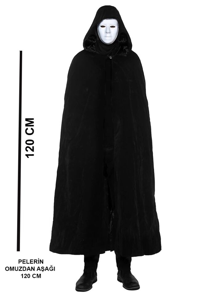 Mey İthalat® Siyah Kapüşonlu 120 cm Pelerin ve Beyaz Boyanabilir Tam Yüz Maske