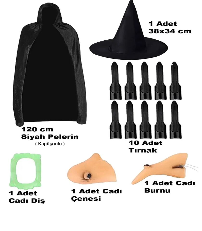 Mey İthalat® Siyah Kapüşonlu Pelerin 120 cm Tırnaklar Diş Çene Burun ve Şapka Seti
