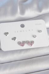 Pirinç Gümüş Renk Pembe Zirkon Taşlı Kalp Model 925 Ayar Gümüş Çivi Kadın Küpe Seti - BKP10493 (491491)