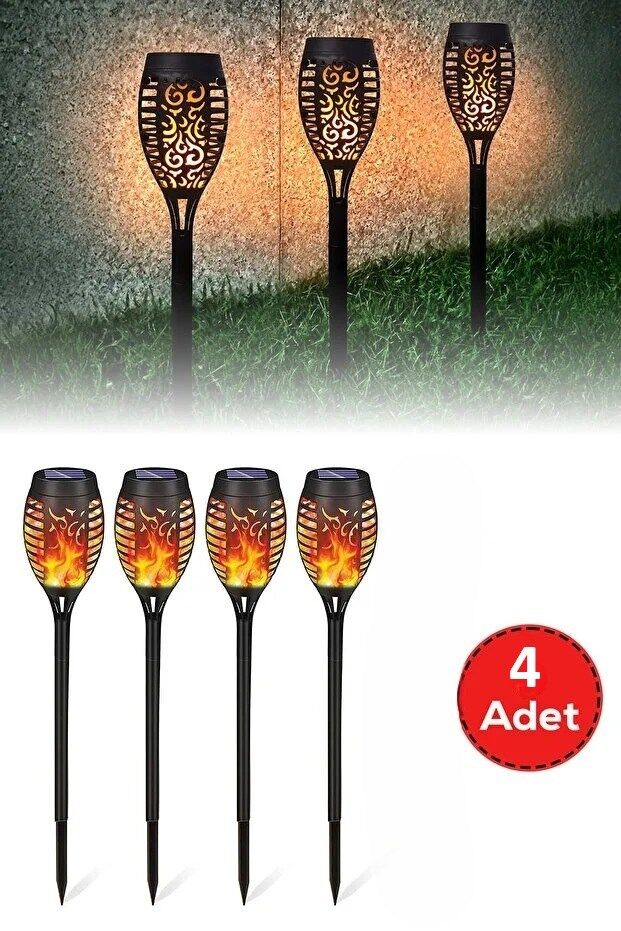 4 lü Güneş Enerjili Alev Efektli LED Meşale Seti | Solar Bahçe ve Dış Mekan Aydınlatması