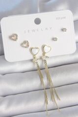 Pirinç Gold Renk Beyaz Mineli Sallantı Mineli Kalp Model Zirkon Taş Detaylı 925 Ayar Gümüş Çivi Kadın Küpe Seti - BKP10494 (491491)